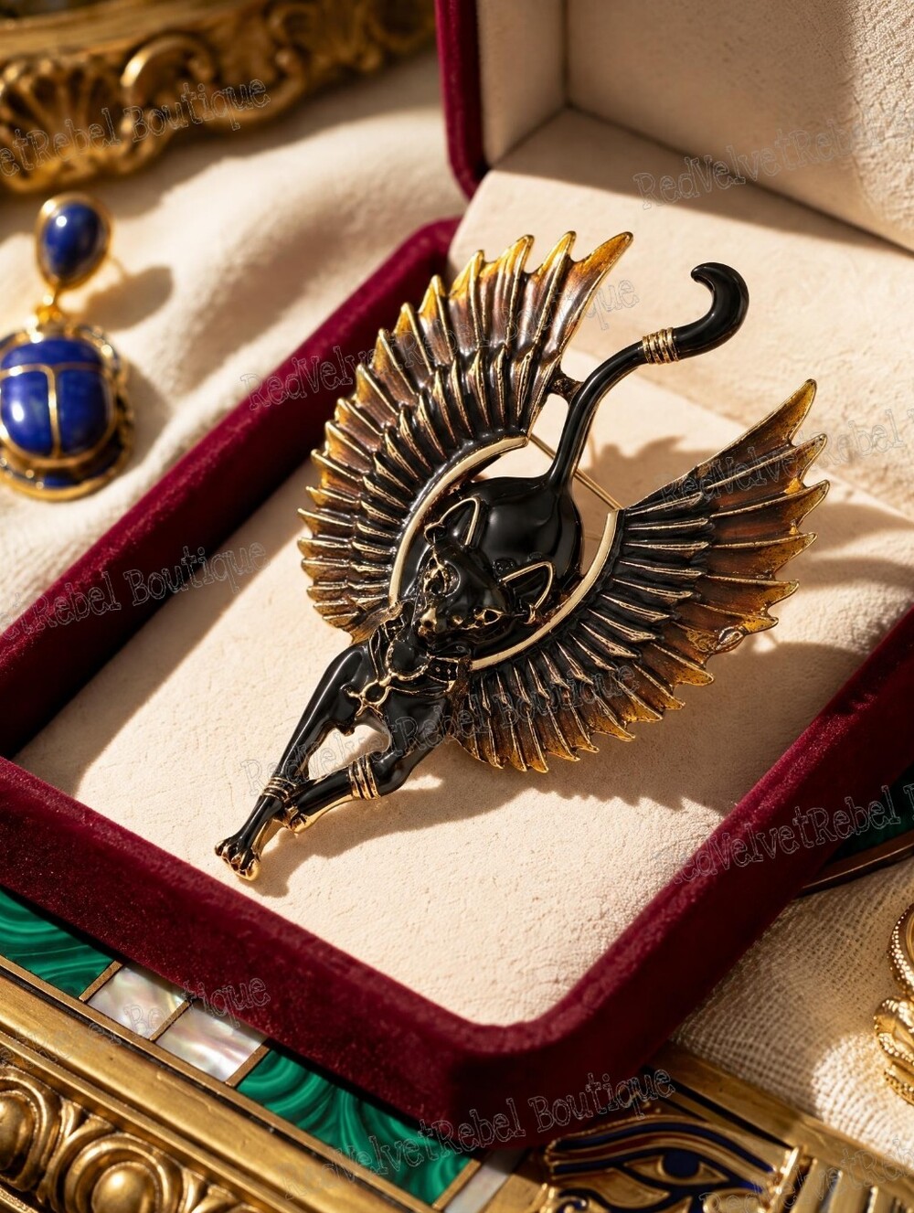 Vintage Estate Egyptian Revival Cat Goddess Bastet Winged Feline Brooch